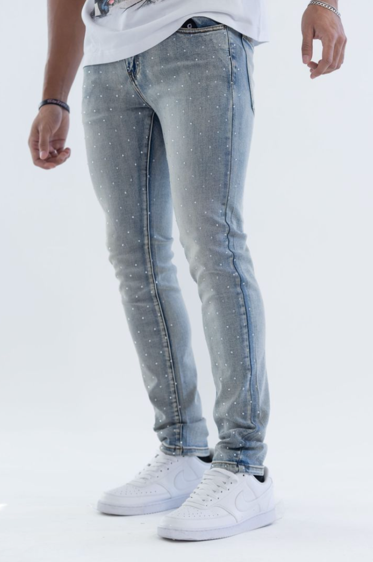 KD2214A LT BLUE-  PREMIUM RHINESTONE SKINNY JEANS