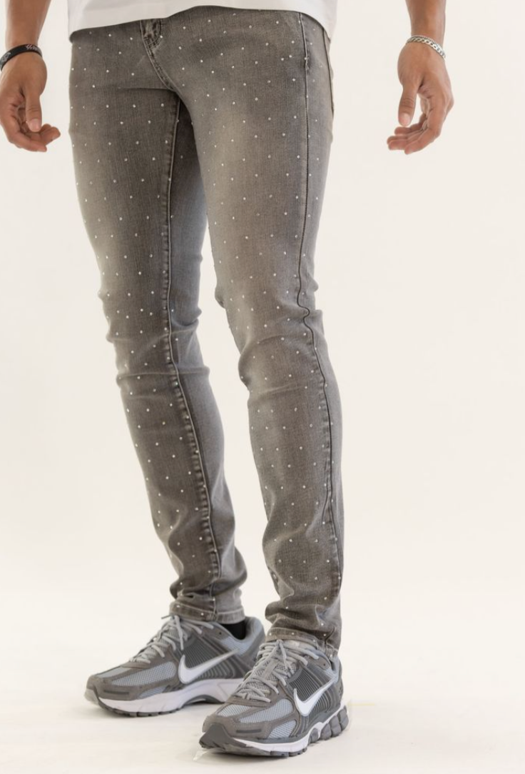 KD2214A GREY - PREMIUM RHINESTONE SKINNY JEANS