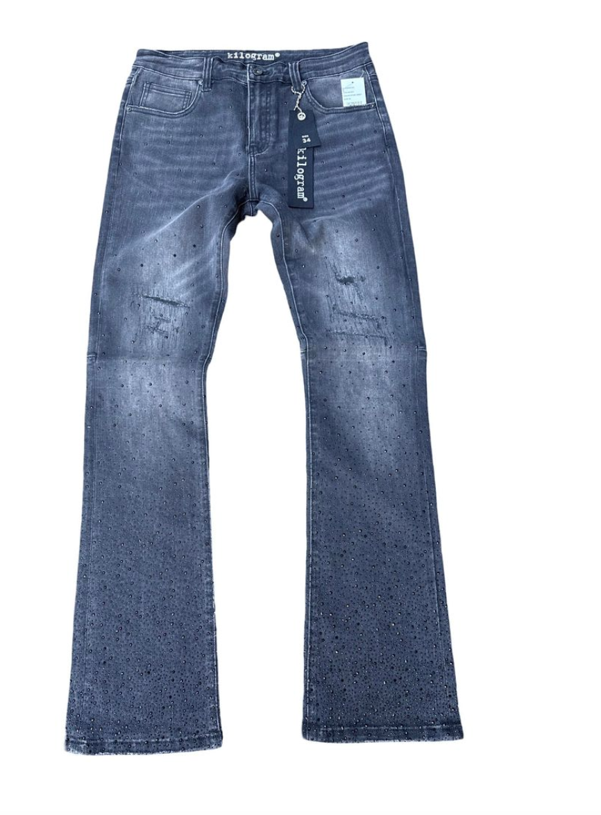 KG15071 - STEEL GREY RHINESTONE STACK DENIM JEAN