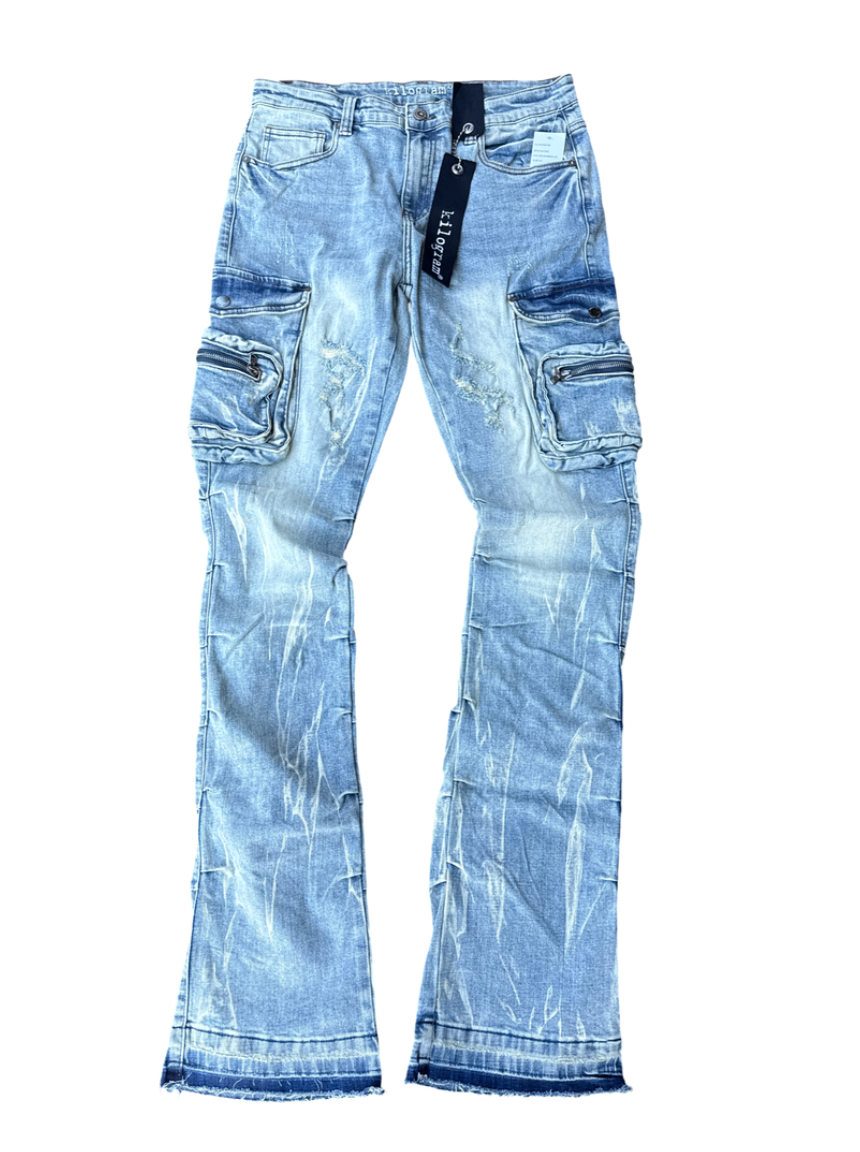 KG15046 BLUE- ZIPPER CARGO FLARE JEANS