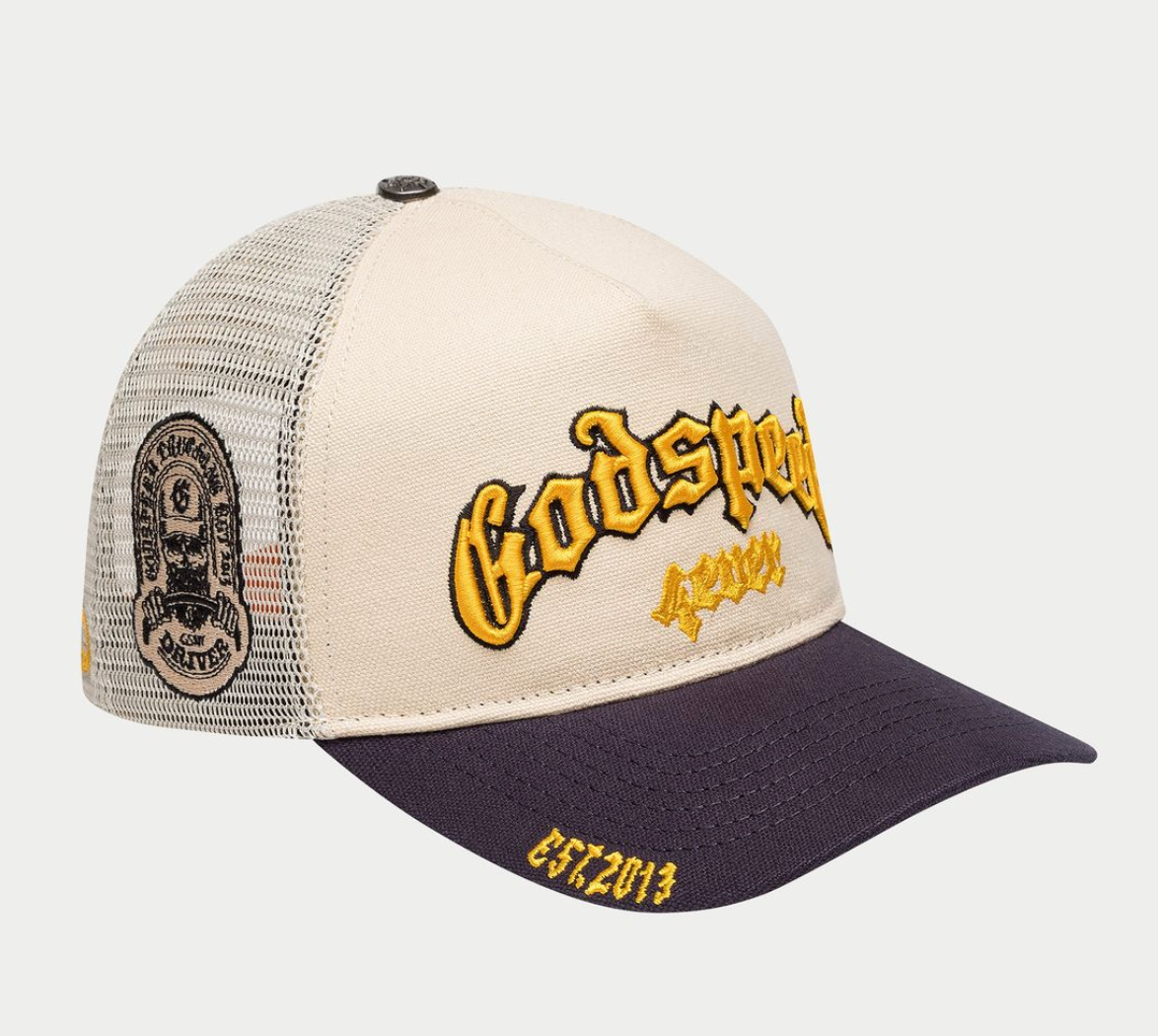 GODSPEED HAT YELLOW NAVY BONE GS FOREVER TRUCKER