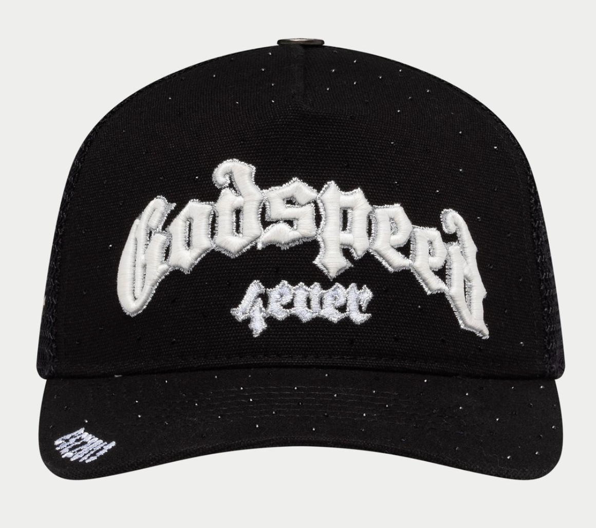 GODSPEED HAT RHINESTONE VVS BLACK WHITE GS FOREVER TRUCKER