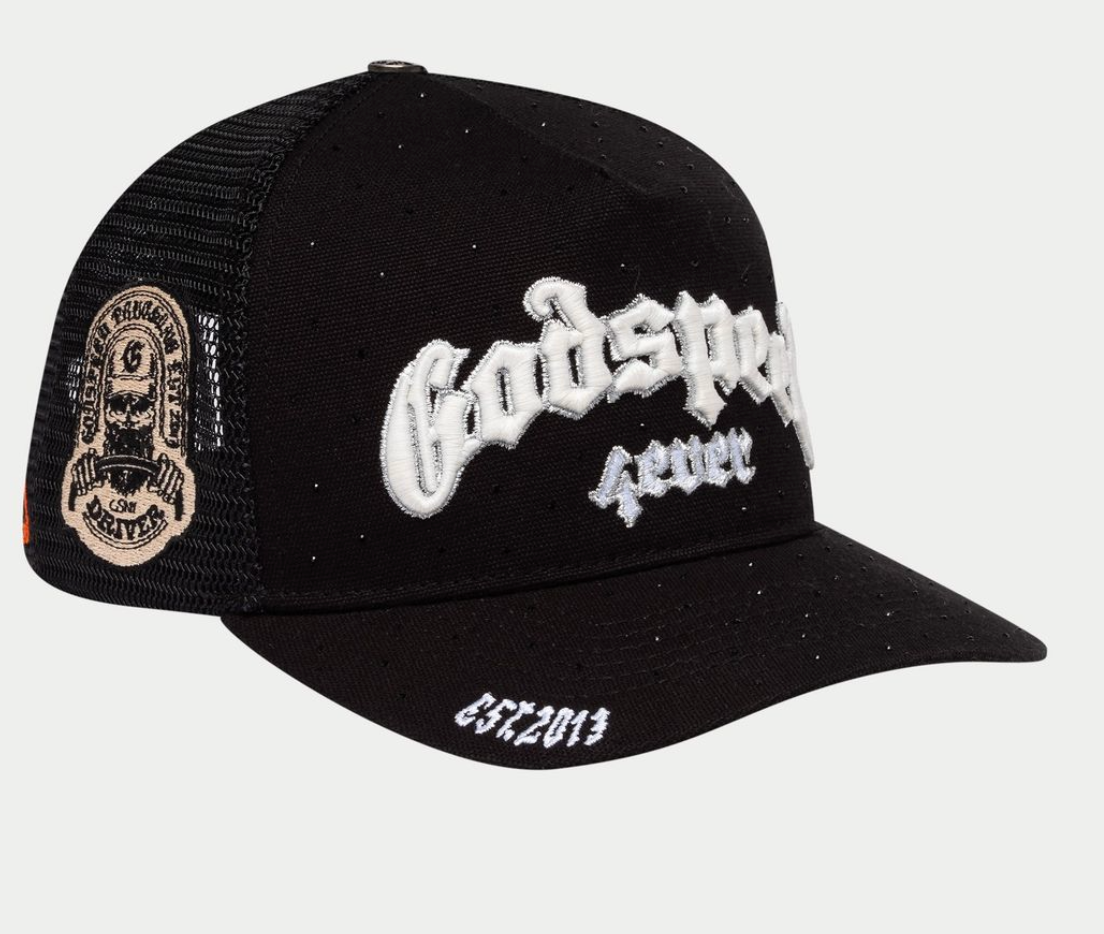 GODSPEED HAT RHINESTONE VVS BLACK WHITE GS FOREVER TRUCKER