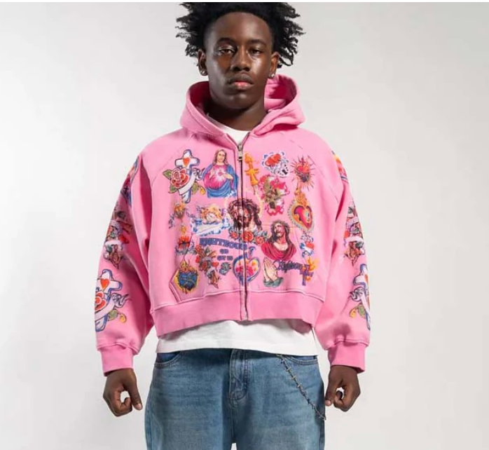 Righteous Pink Risen King Cropped Zip Up Hoodie