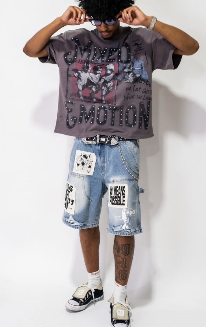 Mixed Emotion shorts Blue “AI” Denim