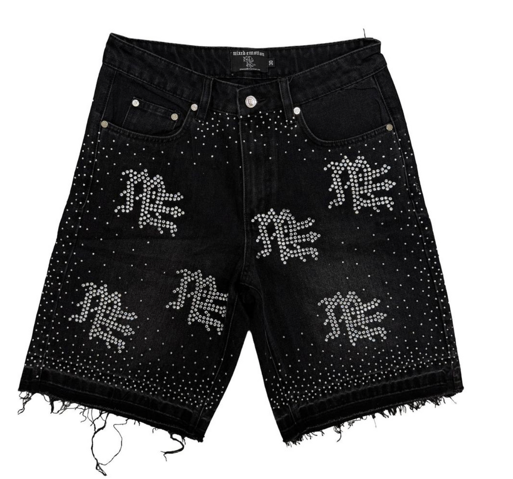 Mixed Emotion Black ME Rhinestone Denim Shorts