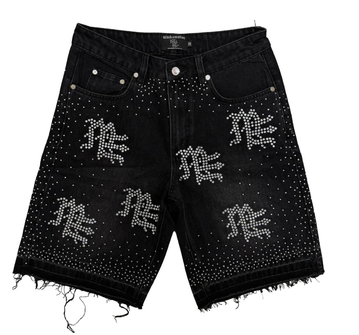 Mixed Emotion Black ME Rhinestone Denim Shorts