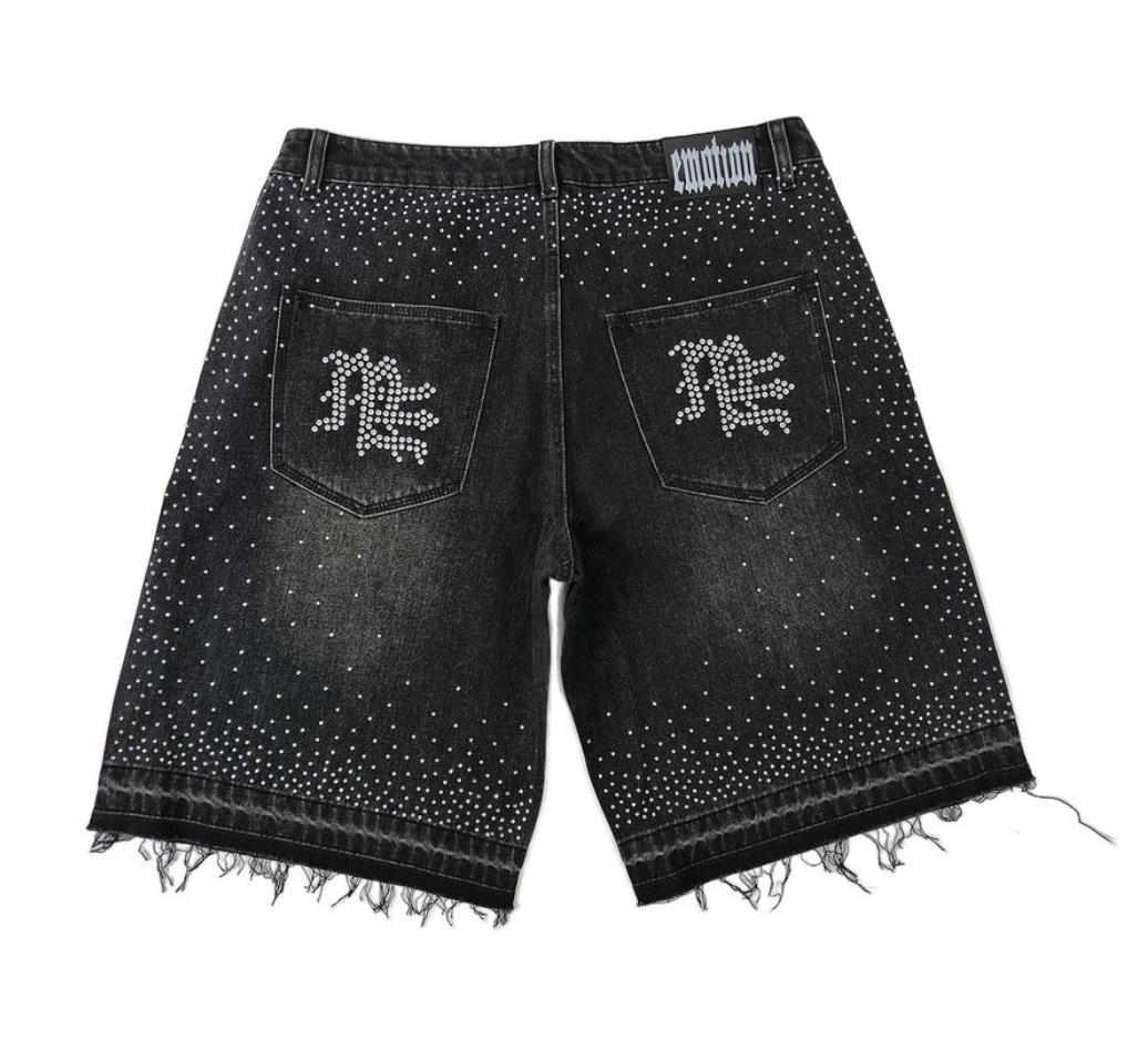 Mixed Emotion Black ME Rhinestone Denim Shorts