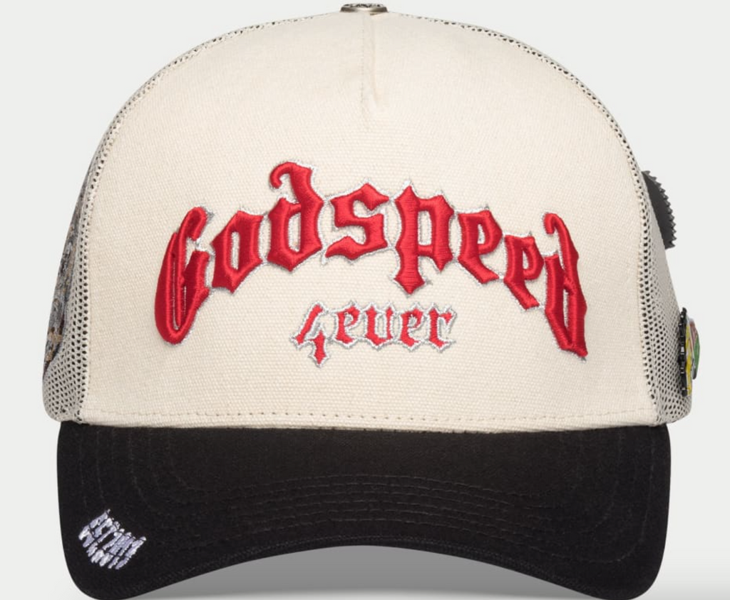 GODSPEED HAT CREAM BLACK RED FOREVER TRUCKER