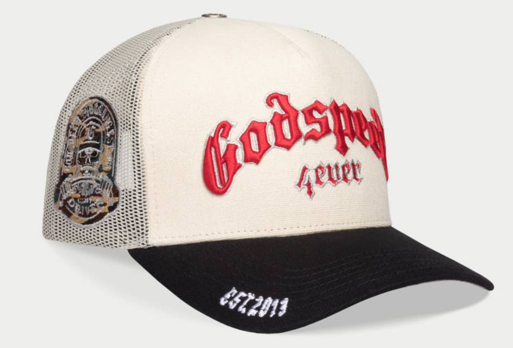 GODSPEED HAT CREAM BLACK RED FOREVER TRUCKER