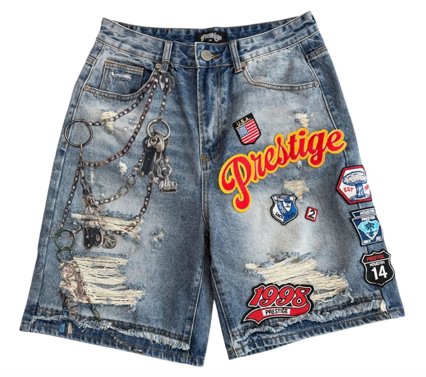 PRESTIGE SHORT VARSITY  BLUE DENIM PATCHES