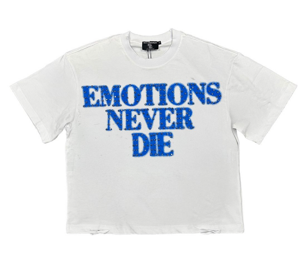 Mixed Emotion Tee White Blue ‘End’ Rhinestone Tee