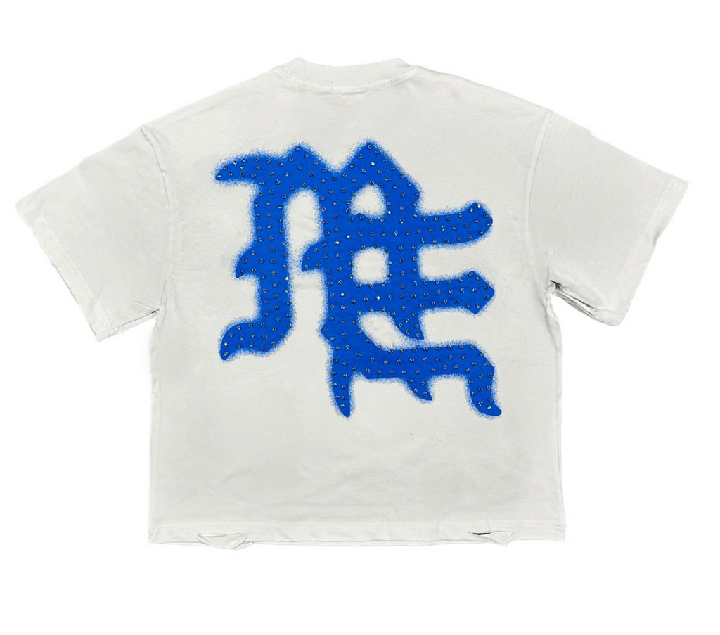 Mixed Emotion Tee White Blue ‘End’ Rhinestone Tee