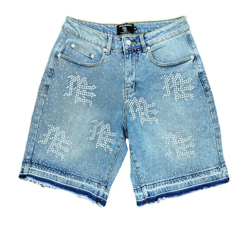 Mixed Emotion Blue 'ME' Rhinestone Denim Shorts