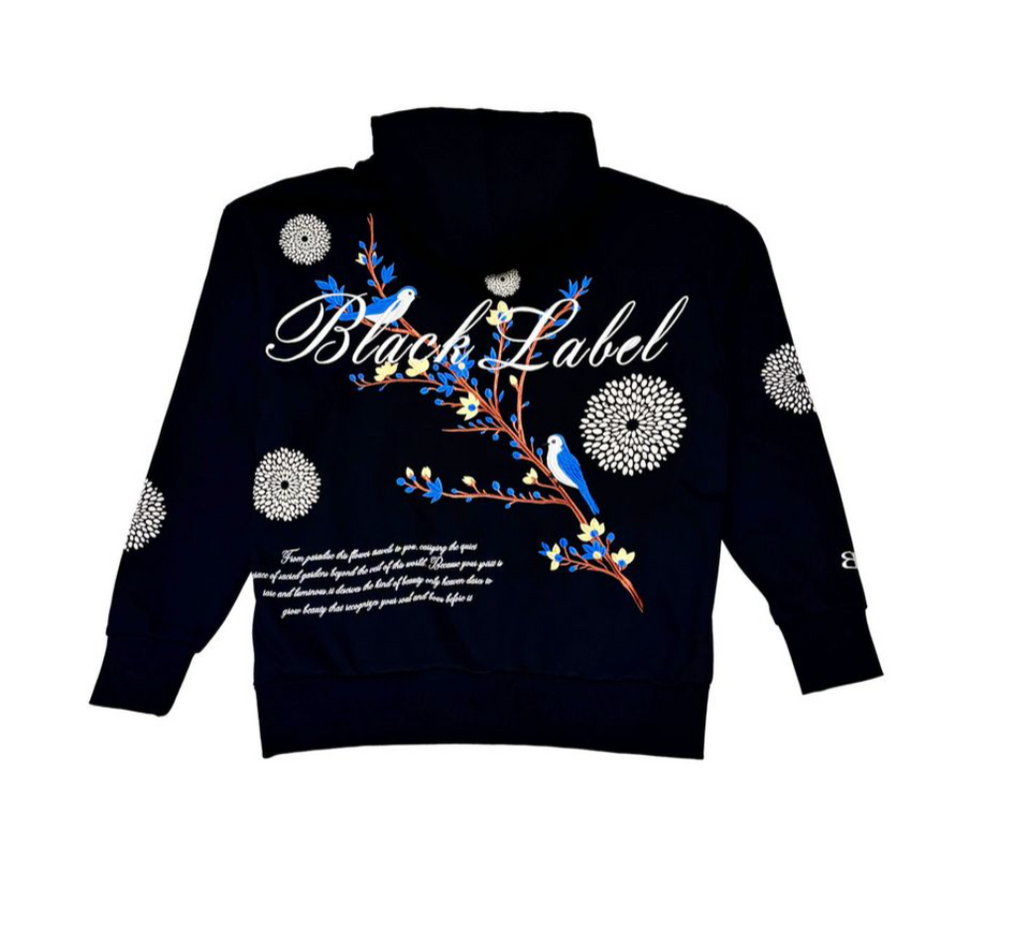 BLACK LABEL HOODIE EMBROIDERY BIRD BLACK  ZIP UP H007