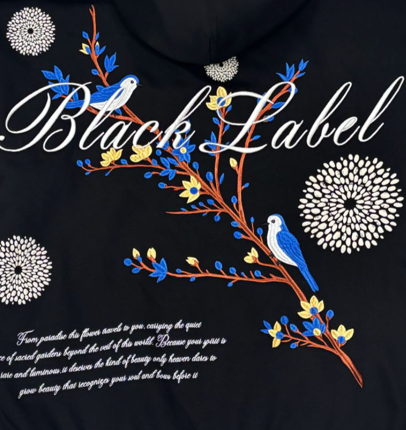 BLACK LABEL HOODIE EMBROIDERY BIRD BLACK  ZIP UP H007